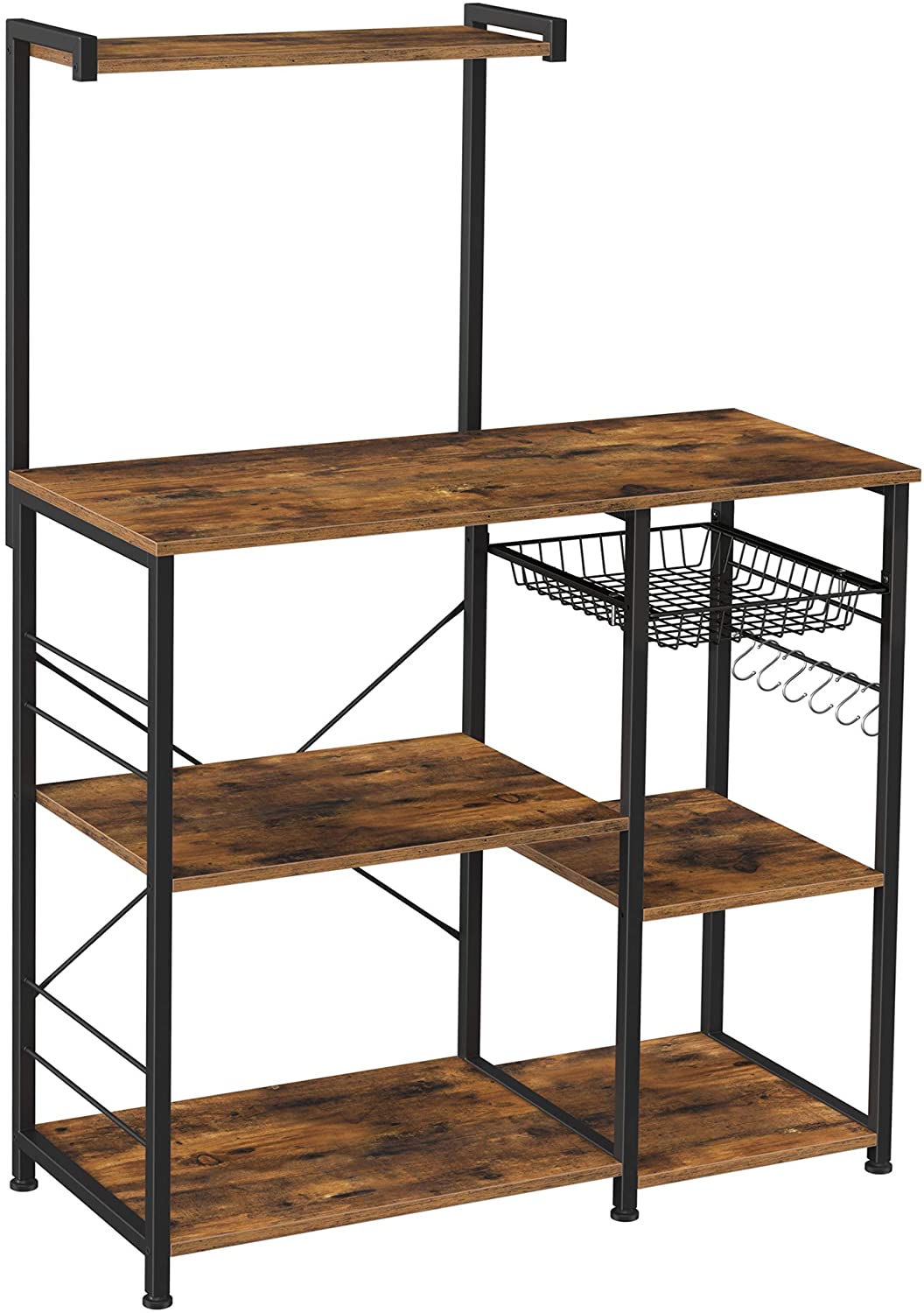 Rustic Brown Kitchen Baker's Rack with Microwave Stand, Wire Basket, and 6 S-Hooks for Enhanced Storage