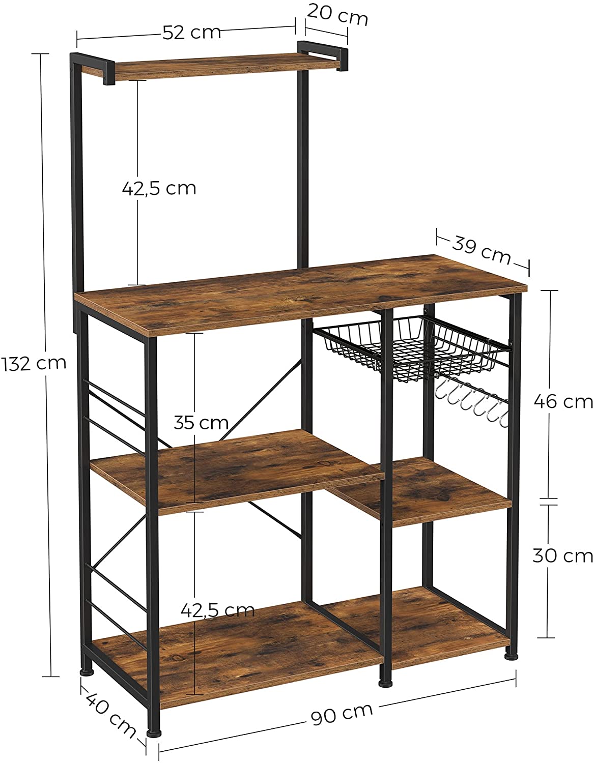 Rustic Brown Kitchen Baker's Rack with Microwave Stand, Wire Basket, and 6 S-Hooks for Enhanced Storage