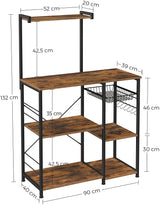 Rustic Brown Kitchen Baker's Rack with Microwave Stand, Wire Basket, and 6 S-Hooks for Enhanced Storage - Top-Down View