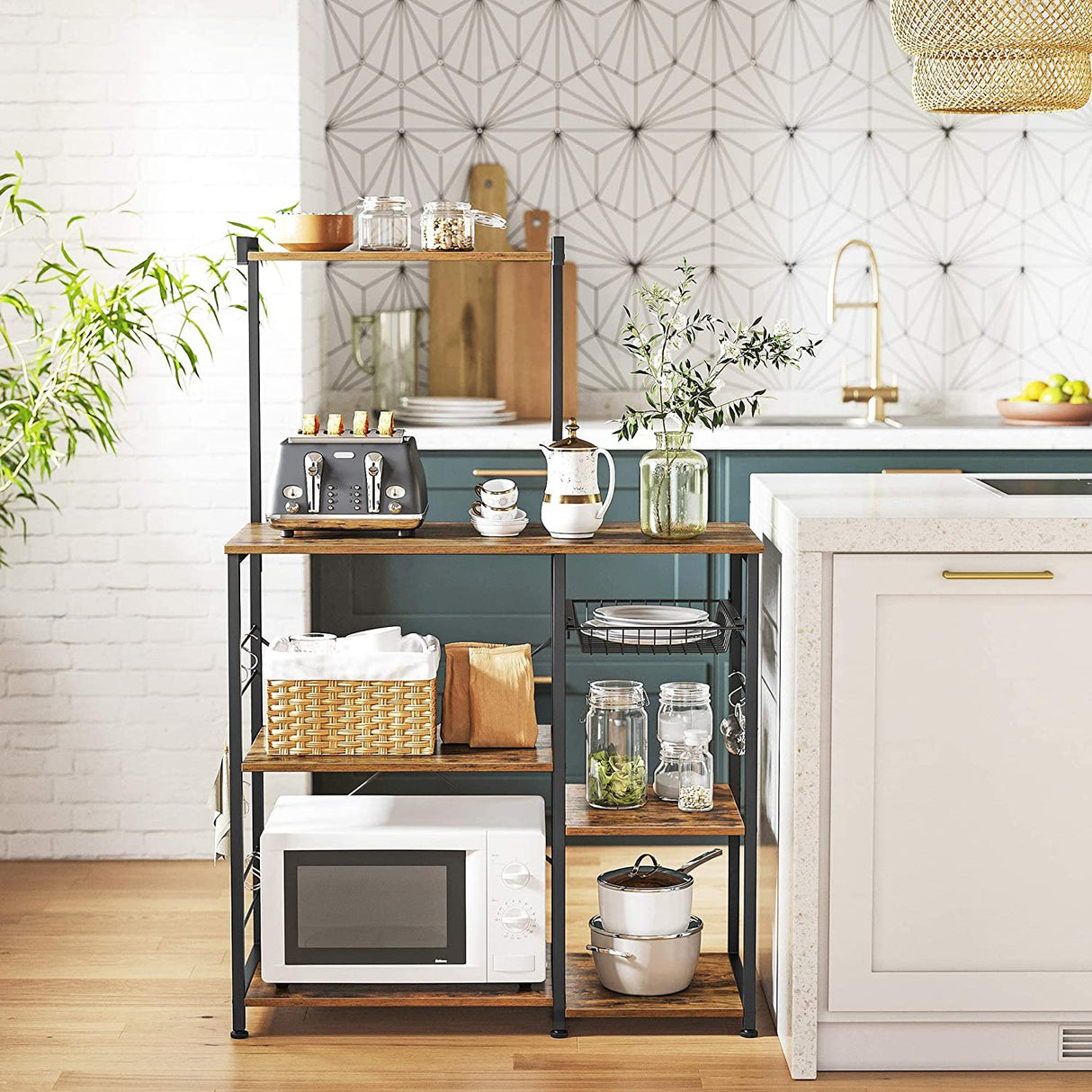Rustic Brown Kitchen Baker's Rack with Microwave Stand, Wire Basket, and 6 S-Hooks for Enhanced Storage