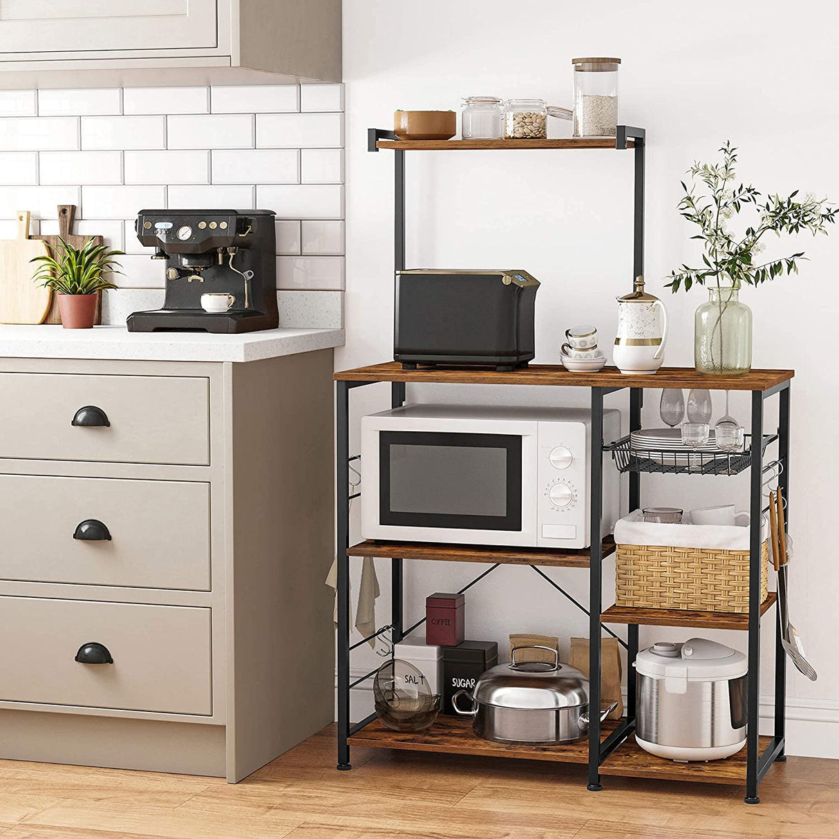 Rustic Brown Kitchen Baker's Rack with Microwave Stand, Wire Basket, and 6 S-Hooks for Enhanced Storage