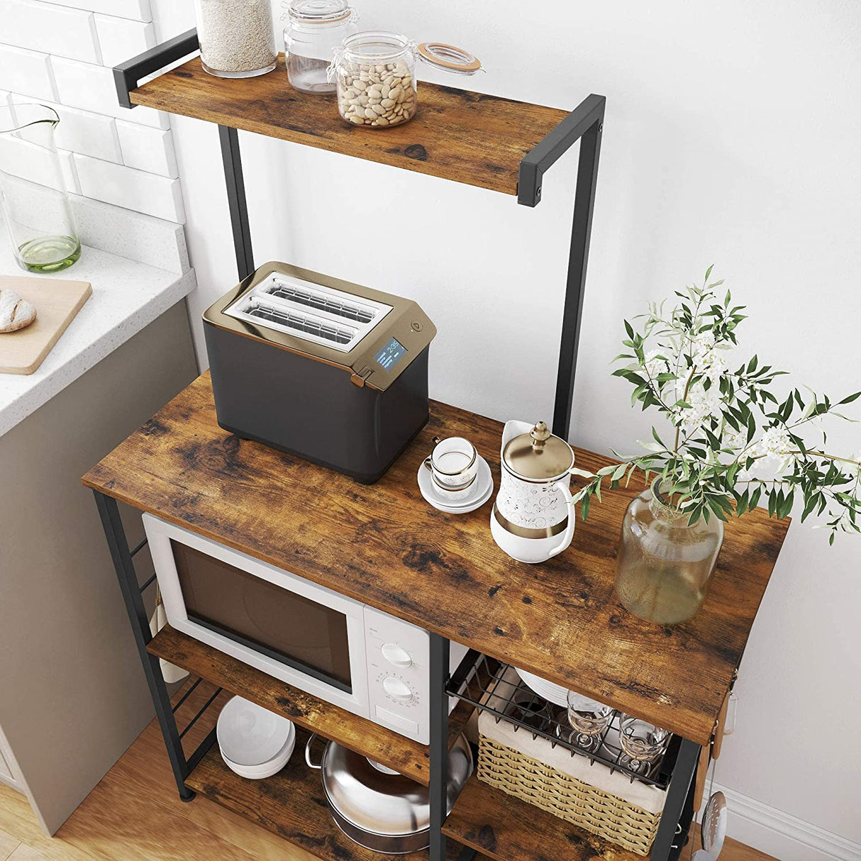 Rustic Brown Kitchen Baker's Rack with Microwave Stand, Wire Basket, and 6 S-Hooks for Enhanced Storage