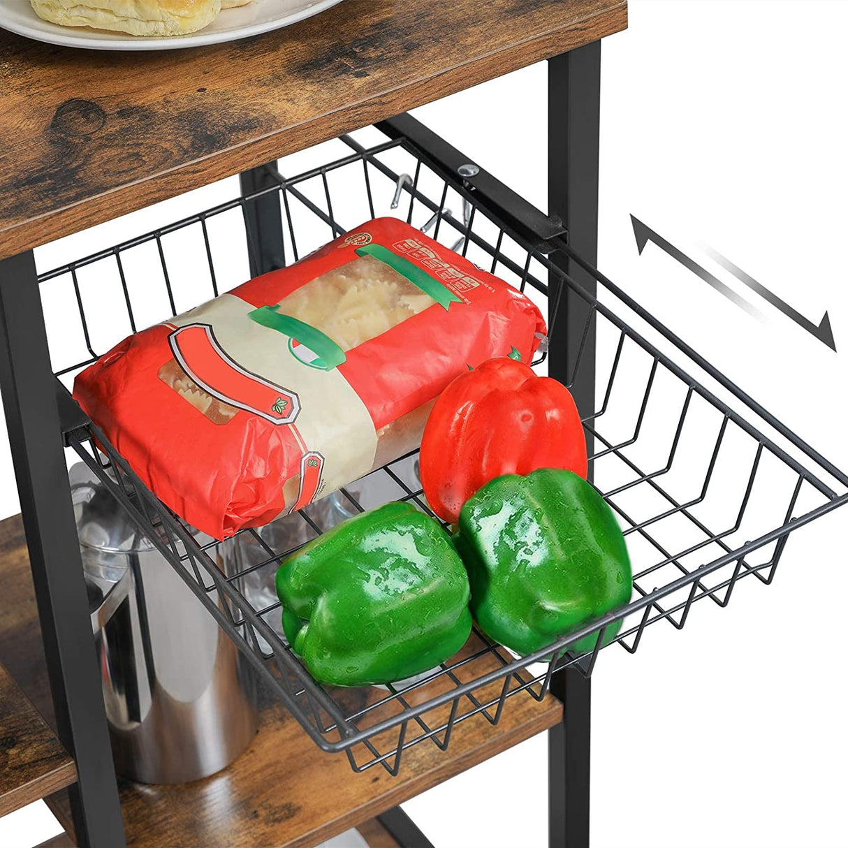 Rustic Brown Kitchen Baker's Rack with Microwave Stand, Wire Basket, and 6 S-Hooks for Enhanced Storage