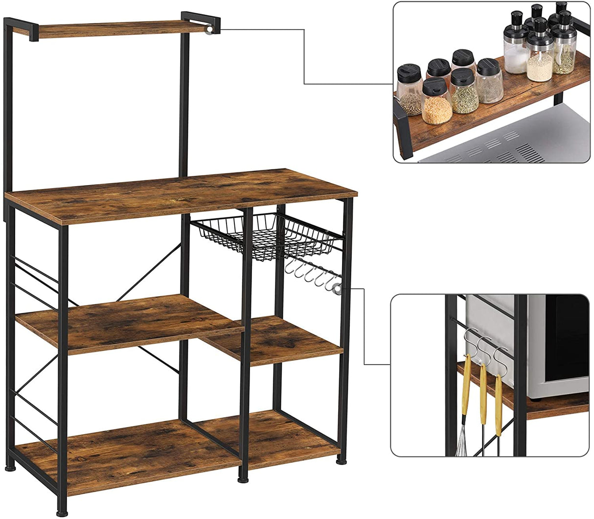Rustic Brown Kitchen Baker's Rack with Microwave Stand, Wire Basket, and 6 S-Hooks for Enhanced Storage