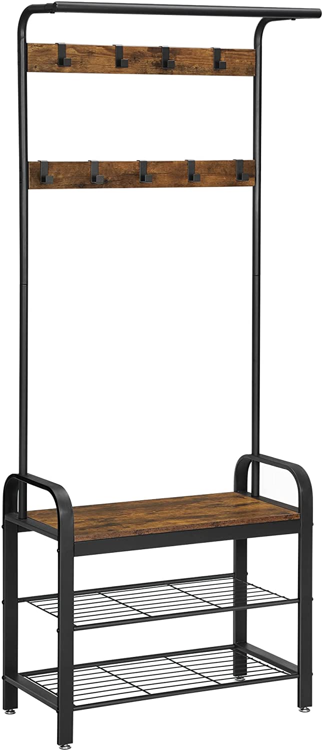 Rustic Entryway Coat Rack and Shoe Storage Bench with Metal Frame