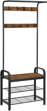 Rustic Entryway Coat Rack and Shoe Storage Bench with Metal Frame - Front View