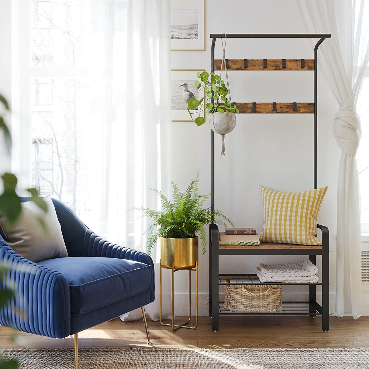 Rustic Entryway Coat Rack and Shoe Storage Bench with Metal Frame