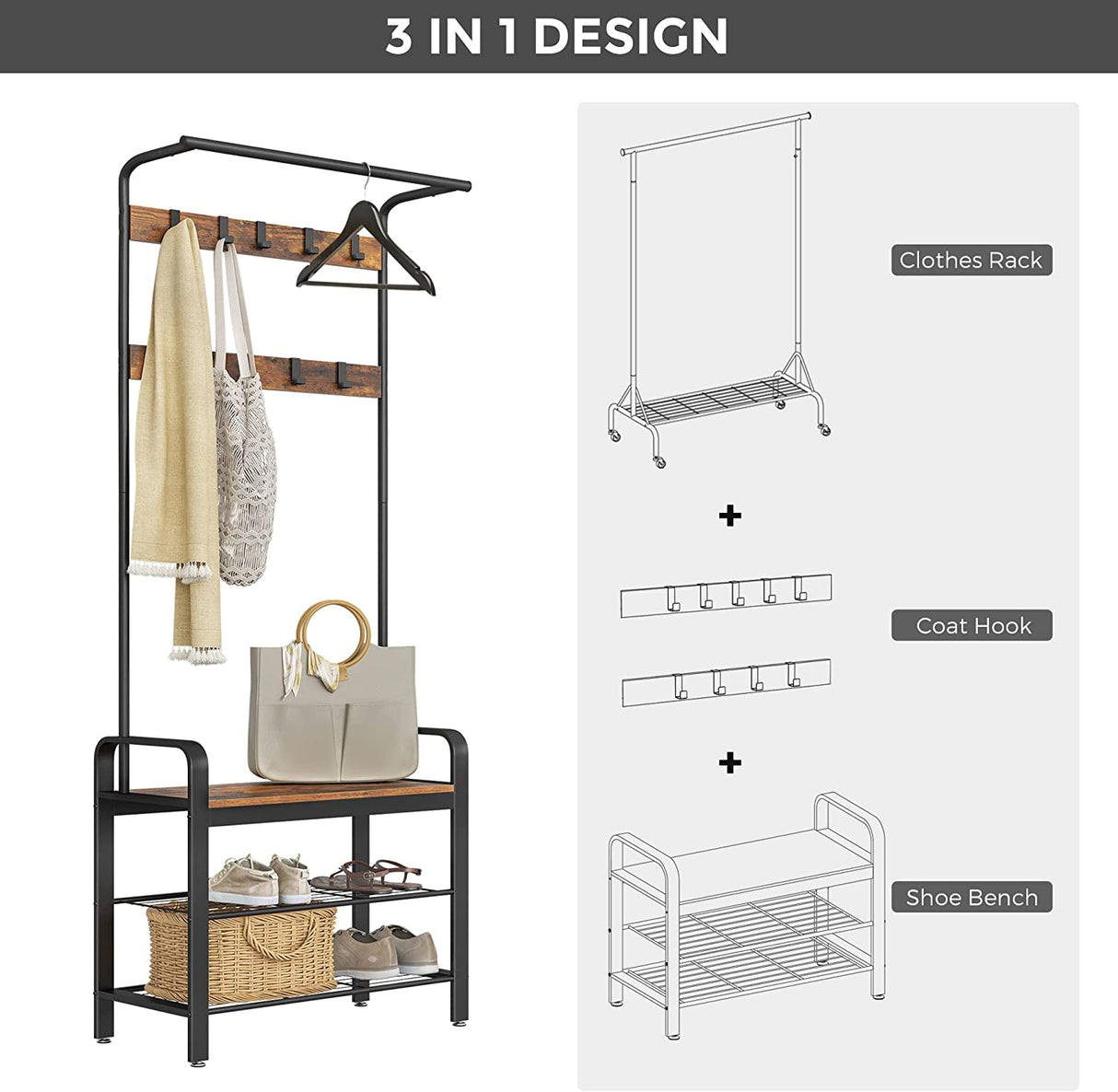 Rustic Entryway Coat Rack and Shoe Storage Bench with Metal Frame