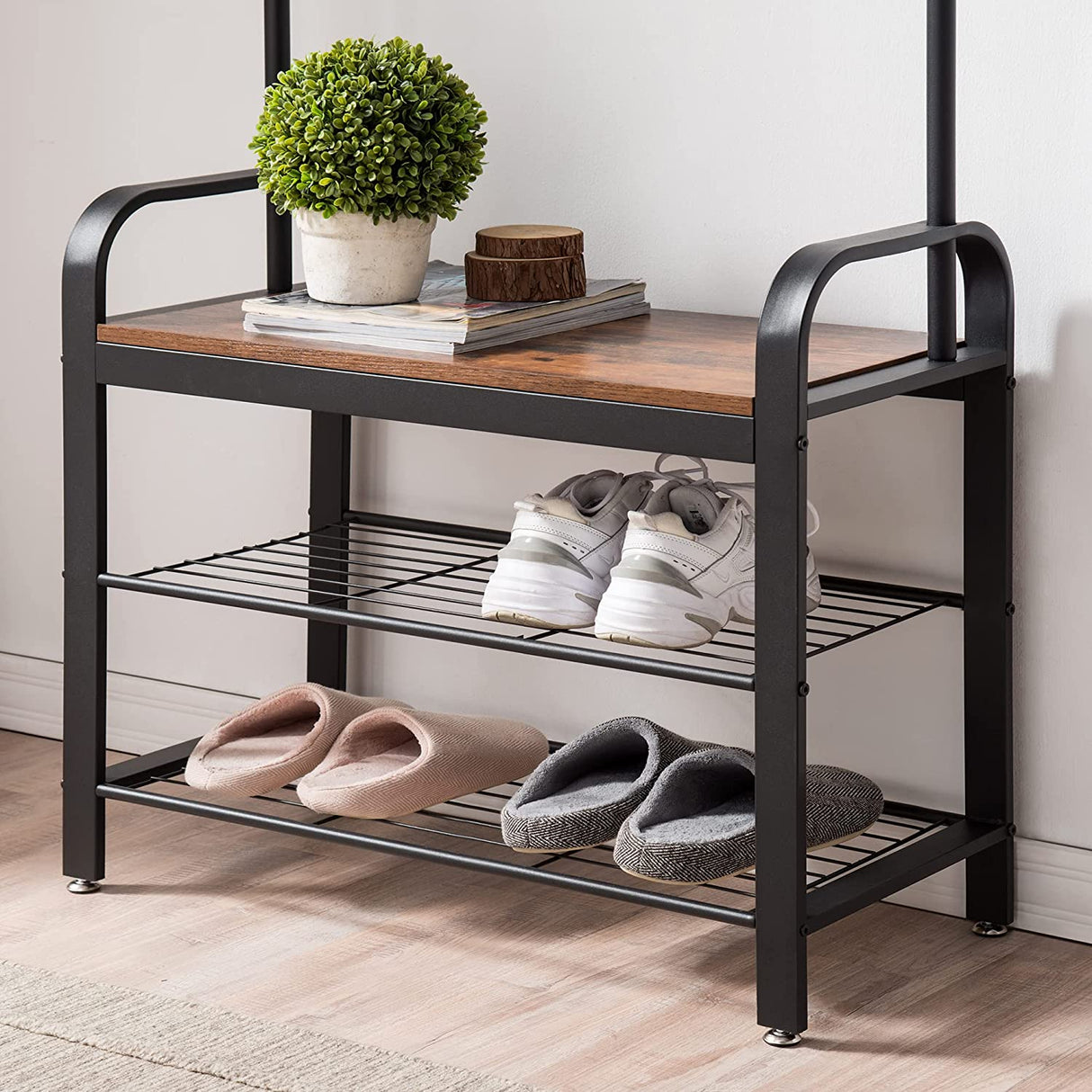 Rustic Entryway Coat Rack and Shoe Storage Bench with Metal Frame