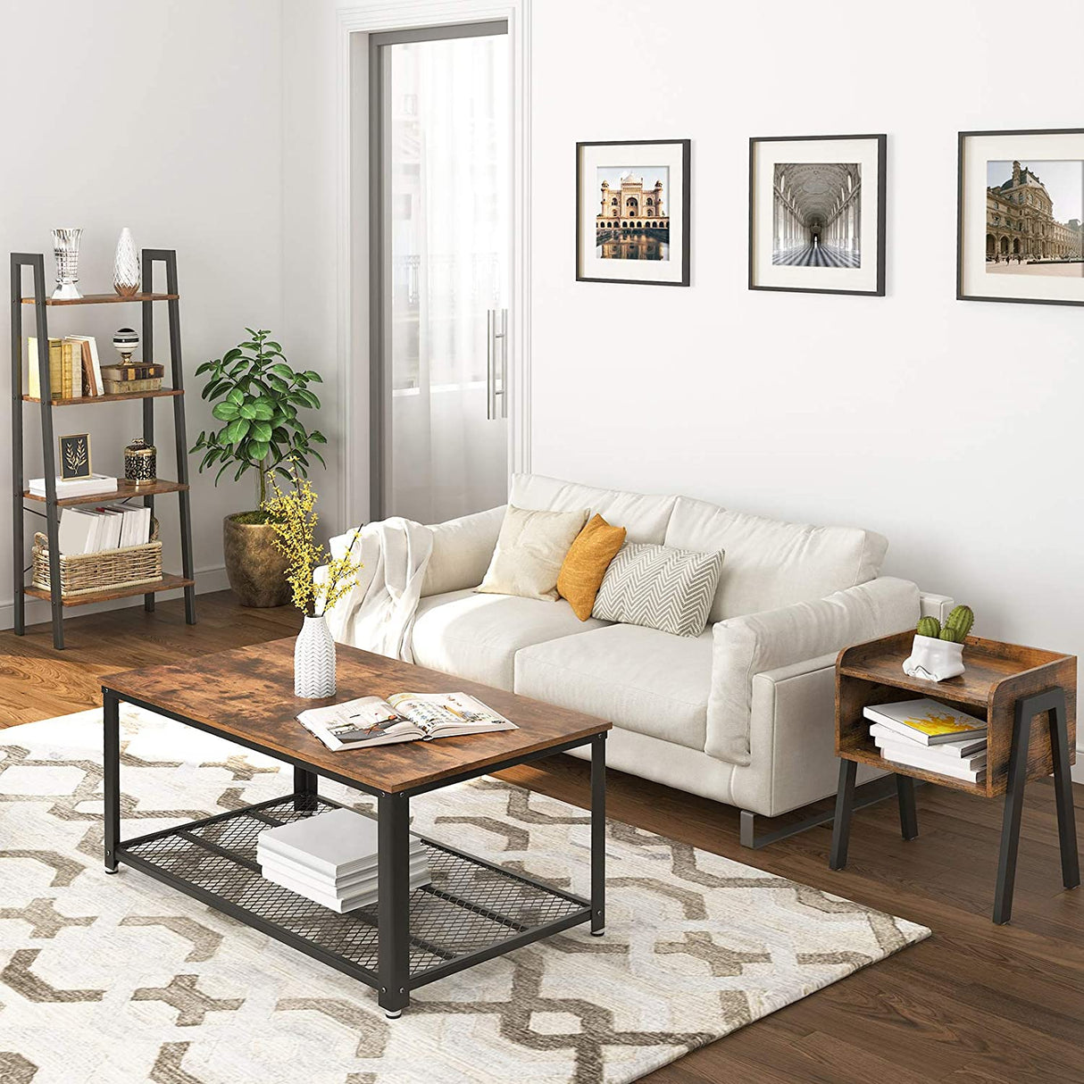 Rustic Chic Stackable End Table with Wood Finish and Metal Frame