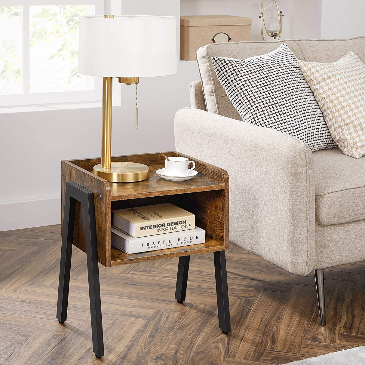 Rustic Chic Stackable End Table with Wood Finish and Metal Frame