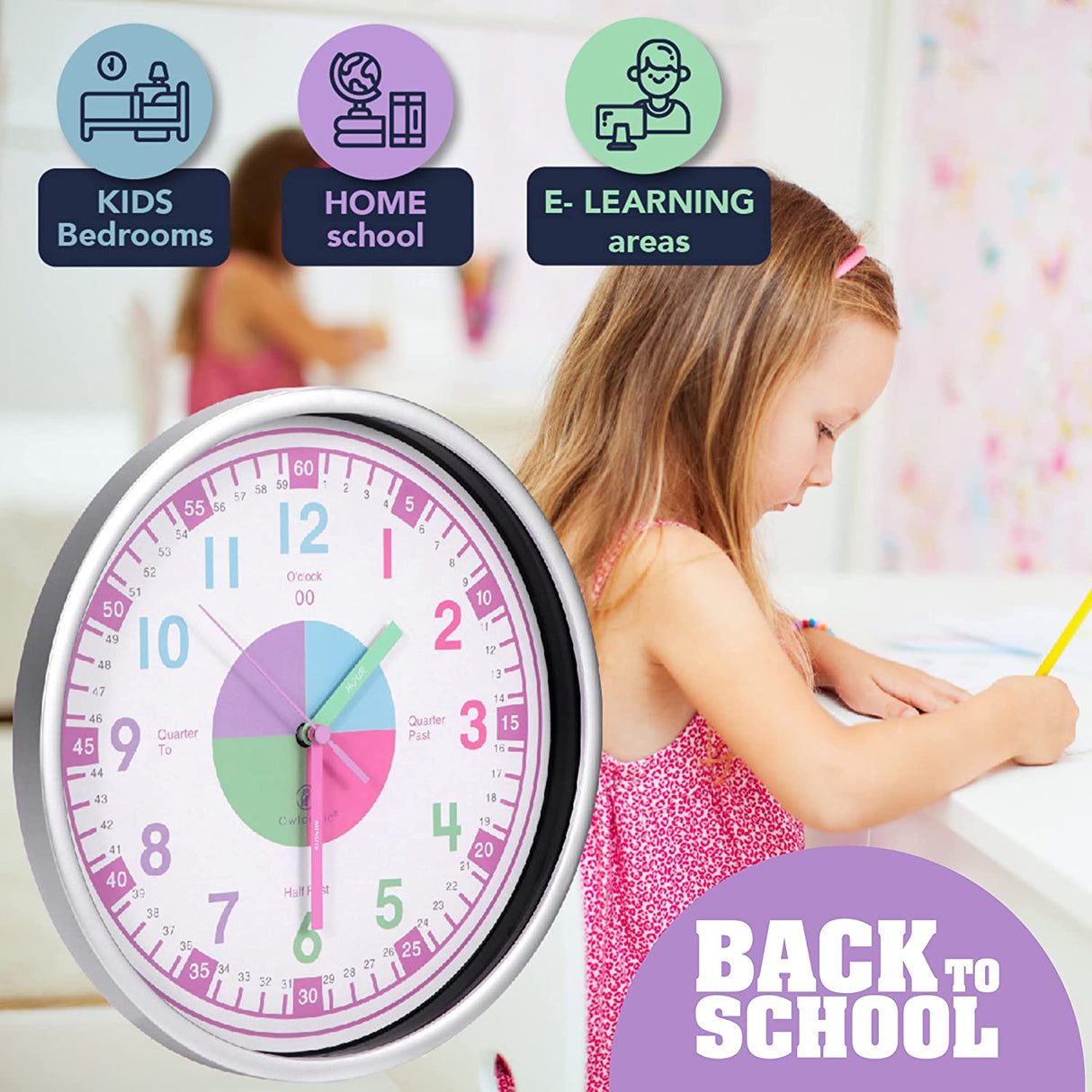 Kids' Colorful Analog Silent Wall Clock (Pink) - Ideal Learning Tool for Home and Classroom