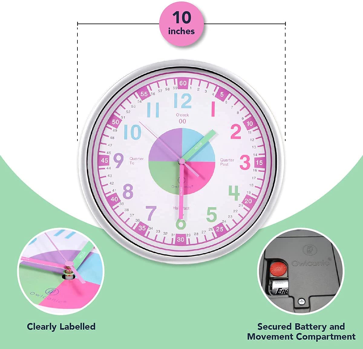 Kids' Colorful Analog Silent Wall Clock (Pink) - Ideal Learning Tool for Home and Classroom