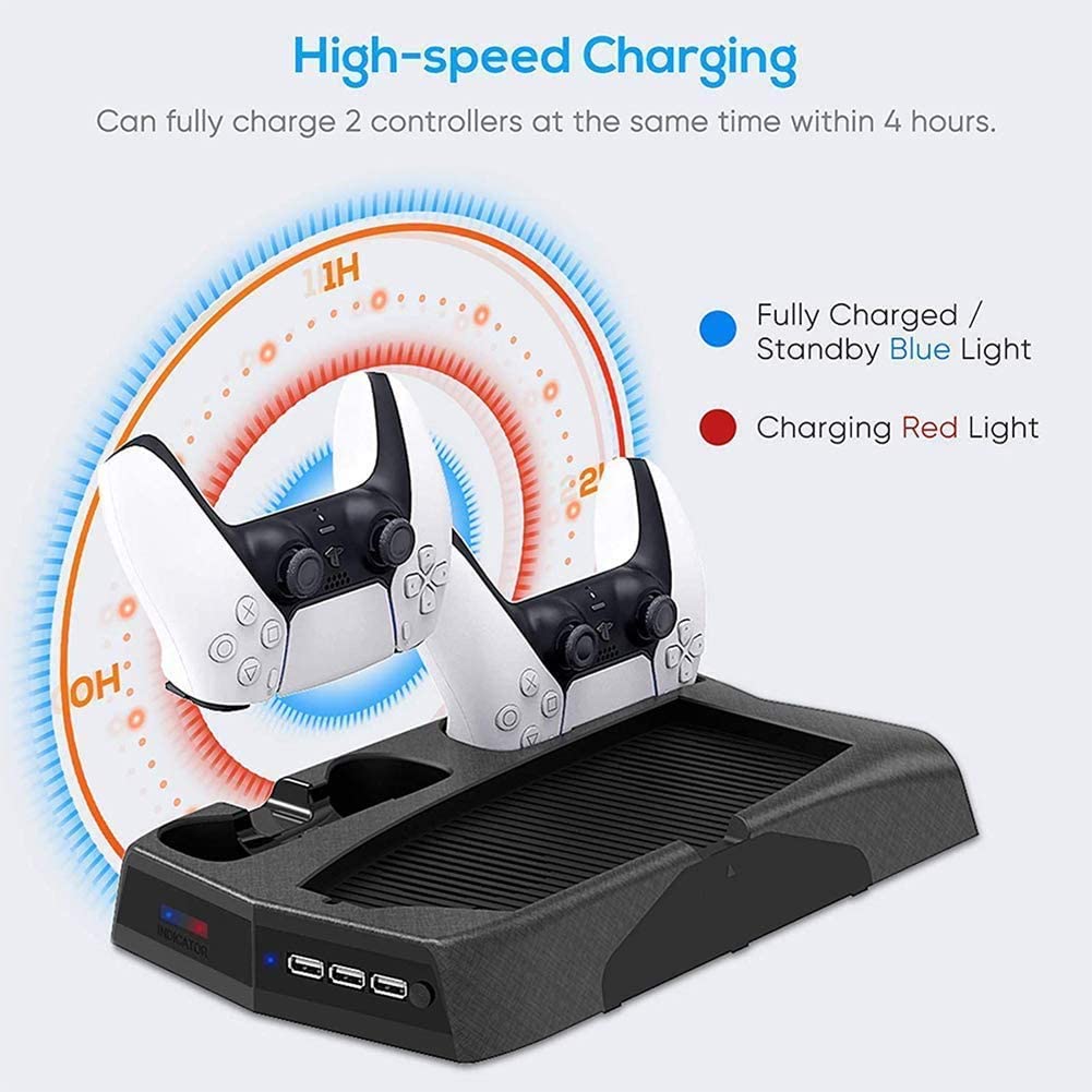 PS5 Vertical Cooling and Charging Hub with Dual Controller Dock and Game Storage Rack, 3 USB Ports Included