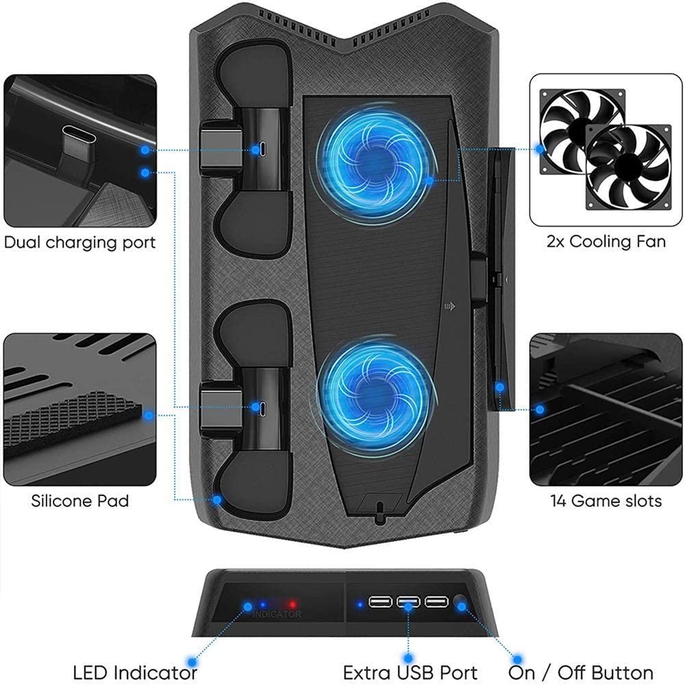 PS5 Vertical Cooling and Charging Hub with Dual Controller Dock and Game Storage Rack, 3 USB Ports Included