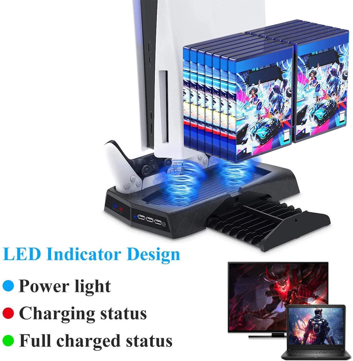 PS5 Vertical Cooling and Charging Hub with Dual Controller Dock and Game Storage Rack, 3 USB Ports Included
