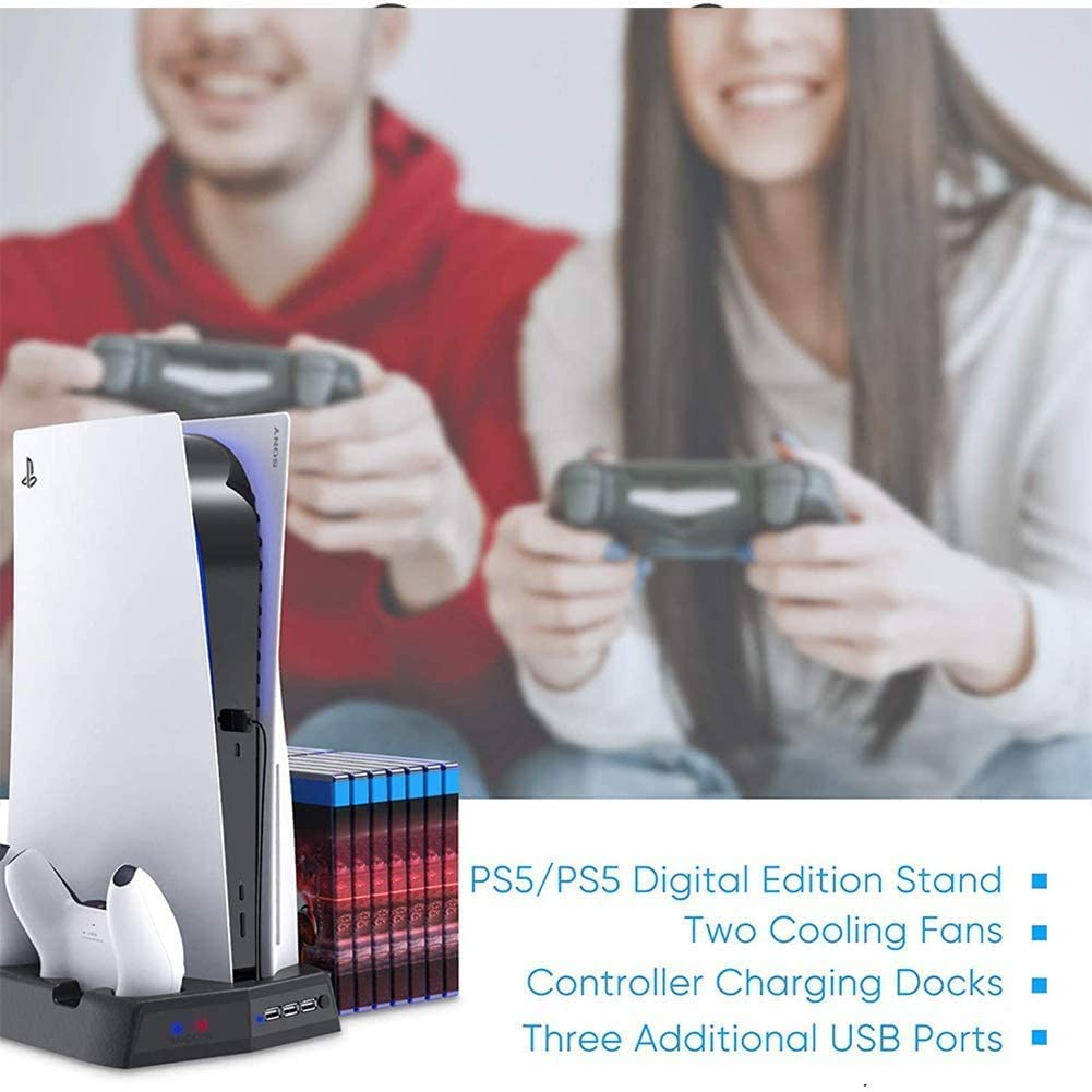 PS5 Vertical Cooling and Charging Hub with Dual Controller Dock and Game Storage Rack, 3 USB Ports Included