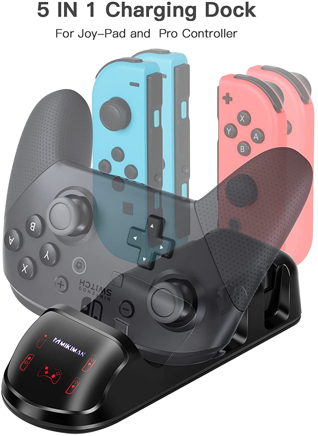 Multi-Device 5 in 1 Charging Dock for Nintendo Switch Joy-Cons, Pro Controller, and PS5 with LED Indicator and Type-C Cable