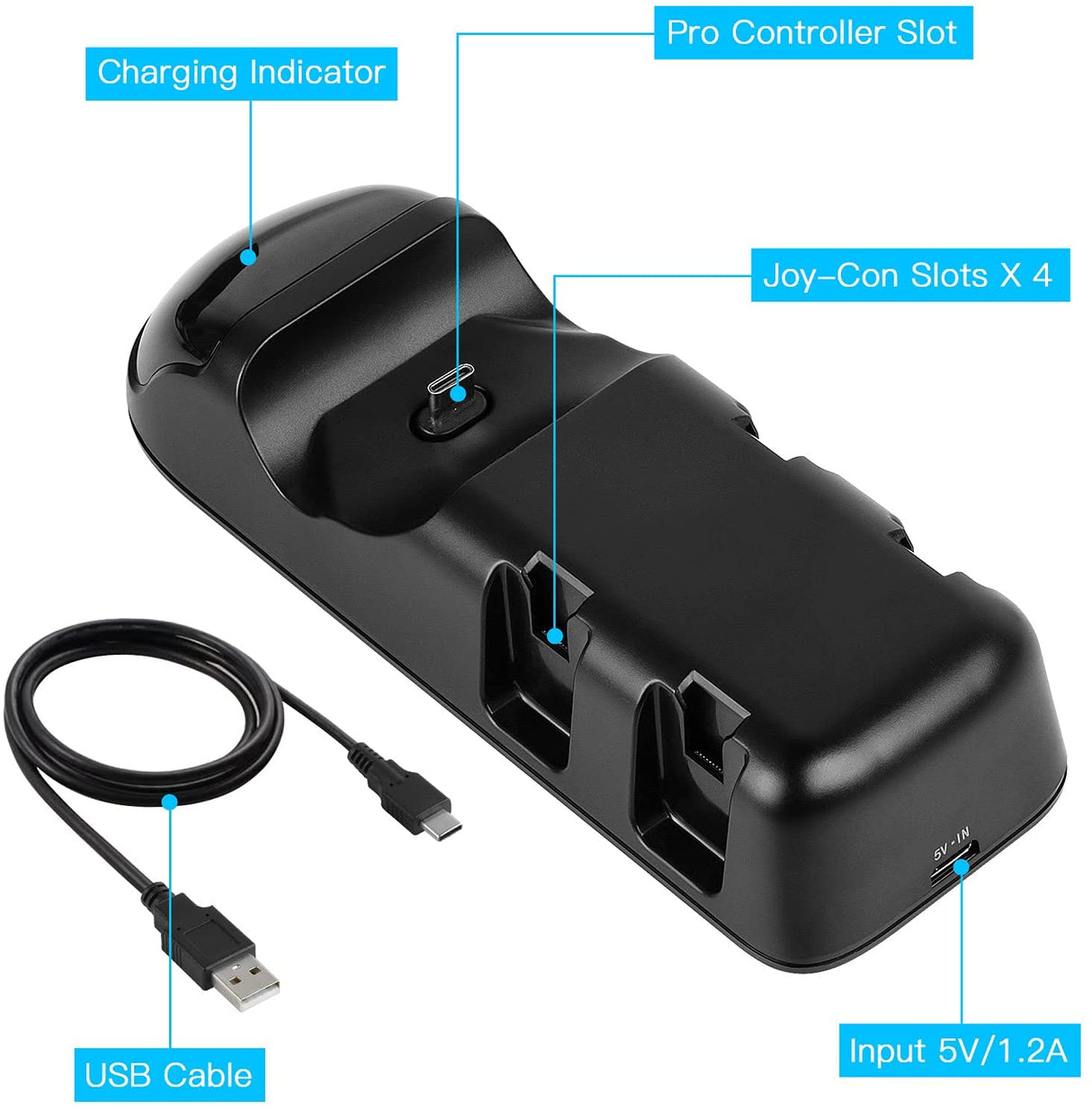 Multi-Device 5 in 1 Charging Dock for Nintendo Switch Joy-Cons, Pro Controller, and PS5 with LED Indicator and Type-C Cable