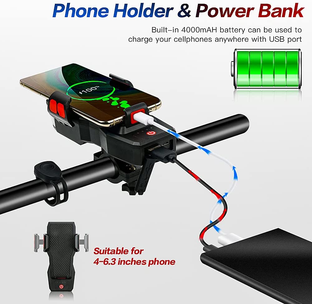 High-Performance 550LM USB Rechargeable Bike LED Light with 4000mAh Power Bank & IPX4 Waterproof Rating