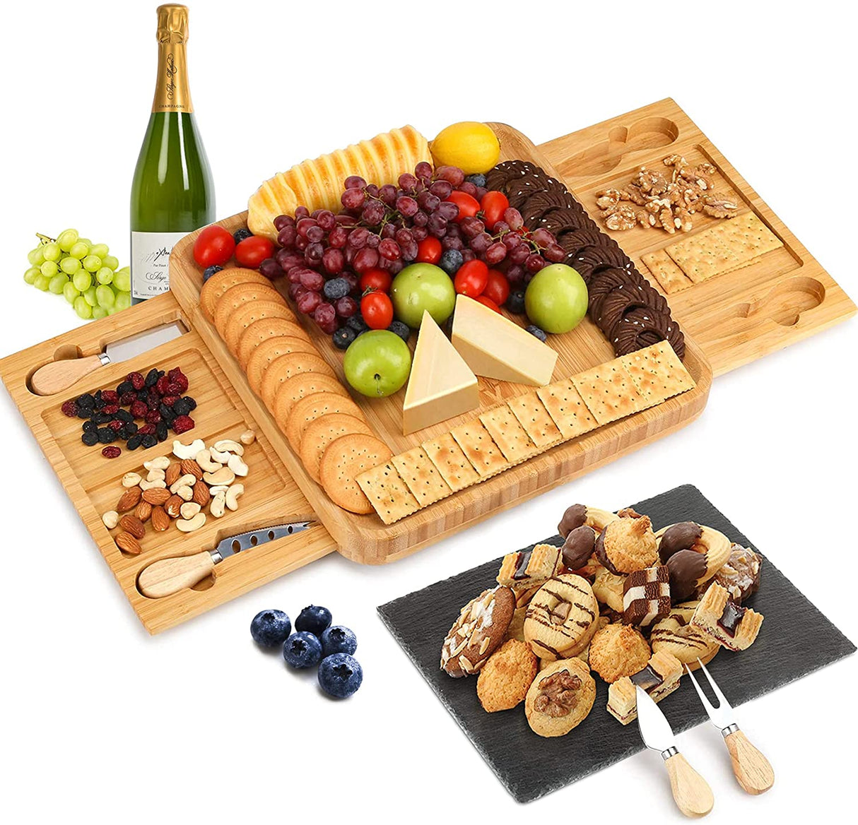 Elegant Bamboo Cheese Board & Knife Set with Stainless Steel Cutlery for Wine, Crackers, Brie, and Charcuterie