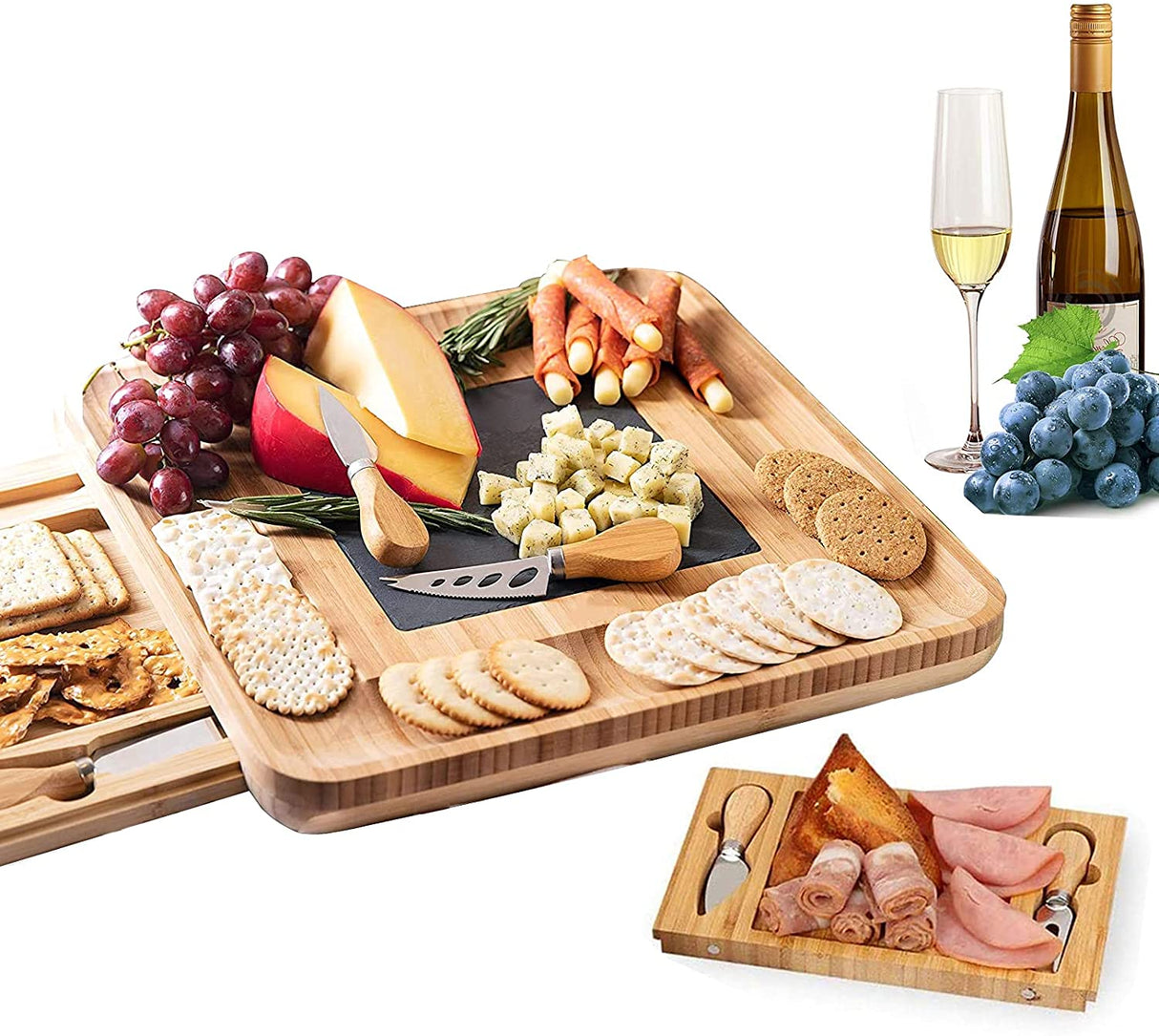 Elegant Bamboo Cheese Board & Knife Set with Stainless Steel Cutlery for Wine, Crackers, Brie, and Charcuterie