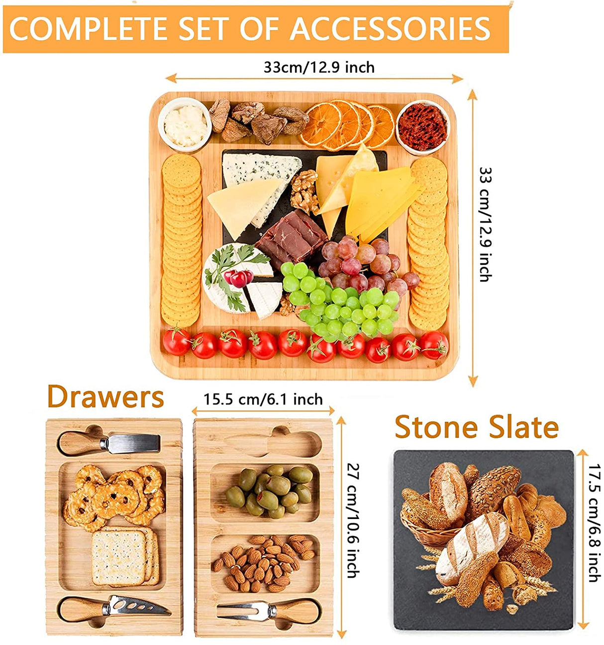 Elegant Bamboo Cheese Board & Knife Set with Stainless Steel Cutlery for Wine, Crackers, Brie, and Charcuterie