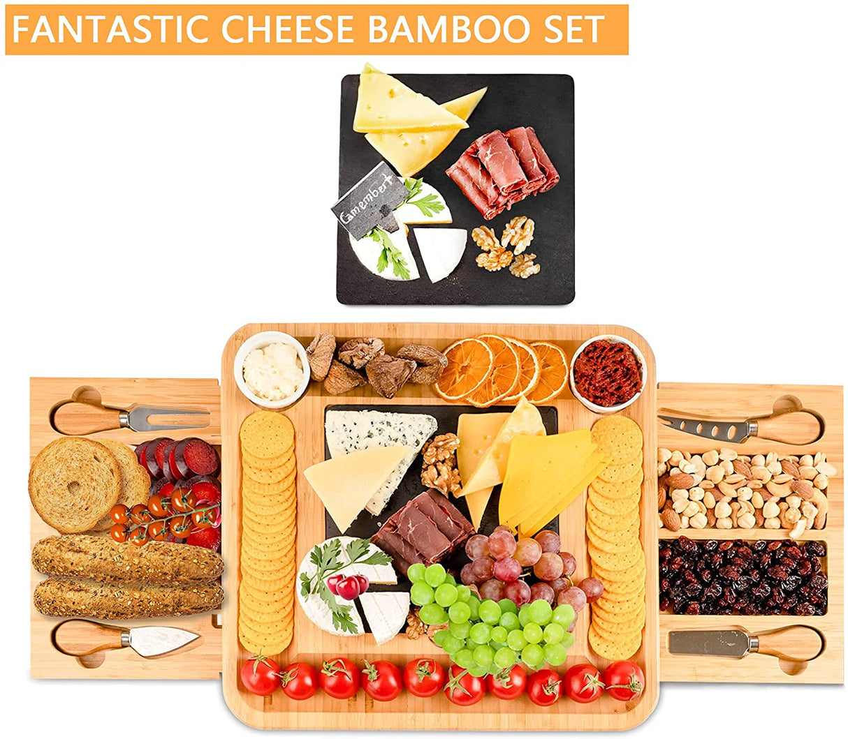 Elegant Bamboo Cheese Board & Knife Set with Stainless Steel Cutlery for Wine, Crackers, Brie, and Charcuterie