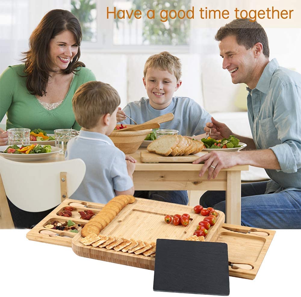 Elegant Bamboo Cheese Board & Knife Set with Stainless Steel Cutlery for Wine, Crackers, Brie, and Charcuterie