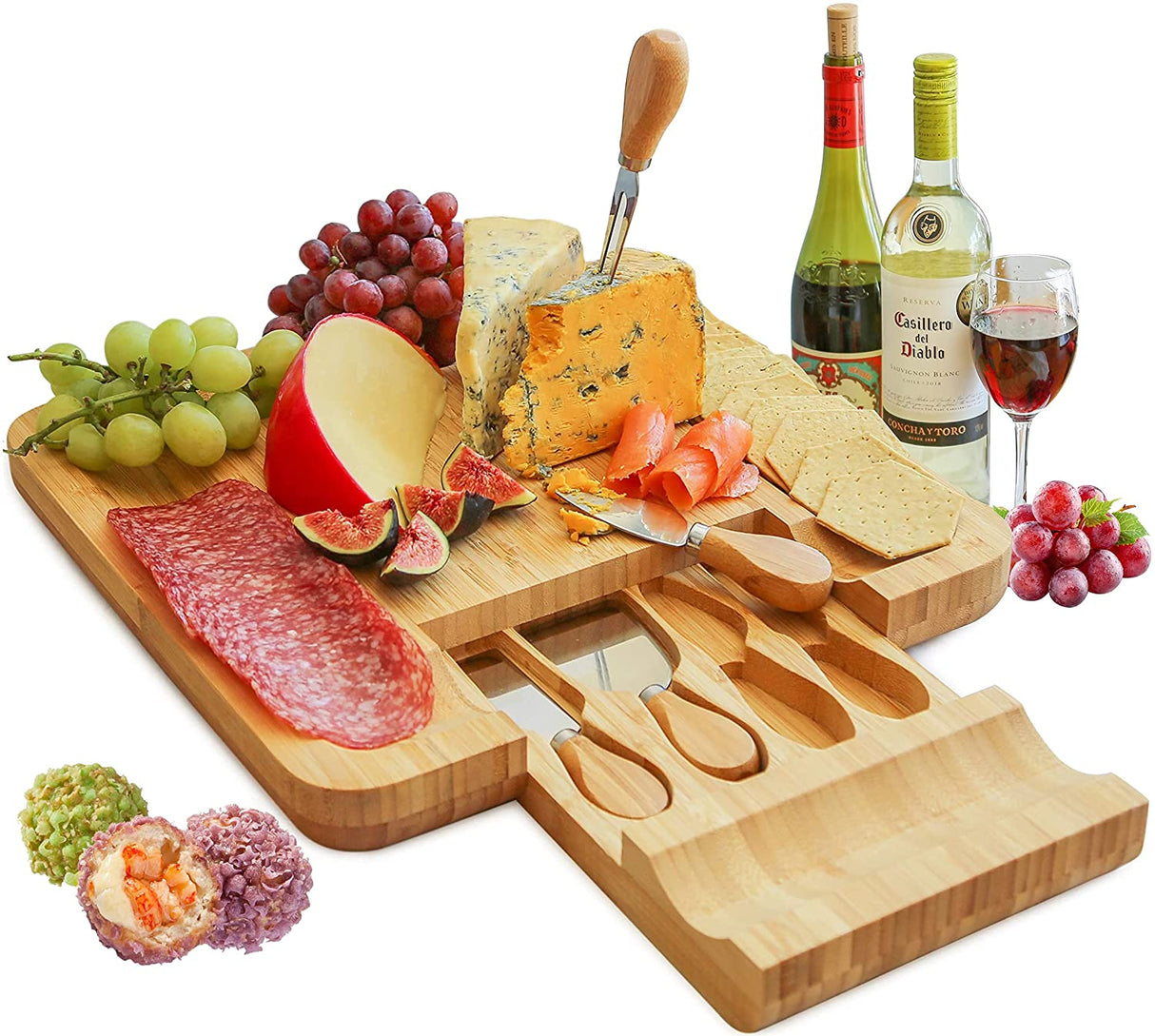 Elegant Bamboo Cheese Serving Set with Hidden Cutlery Drawer and Stainless Steel Utensils