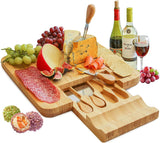 Elegant Bamboo Cheese Serving Set with Hidden Cutlery Drawer and Stainless Steel Utensils