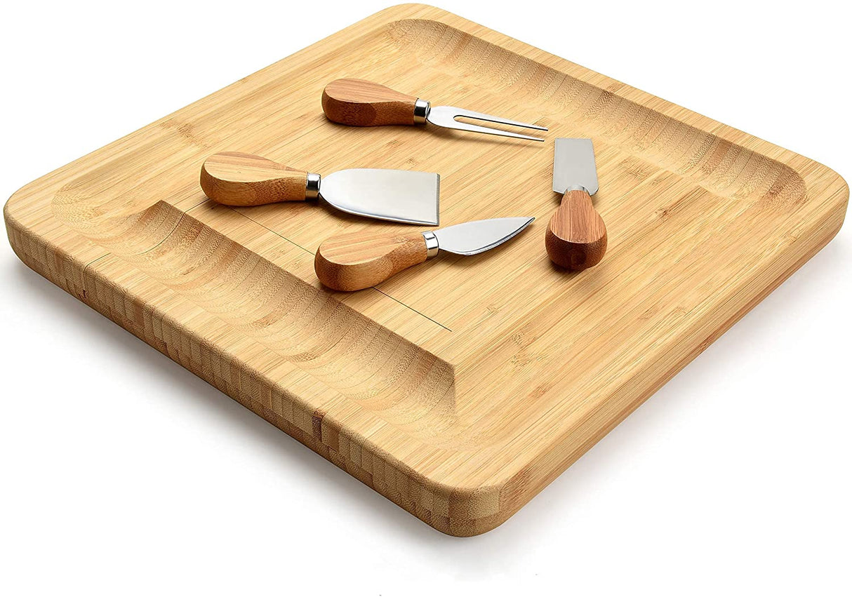 Elegant Bamboo Cheese Serving Set with Hidden Cutlery Drawer and Stainless Steel Utensils