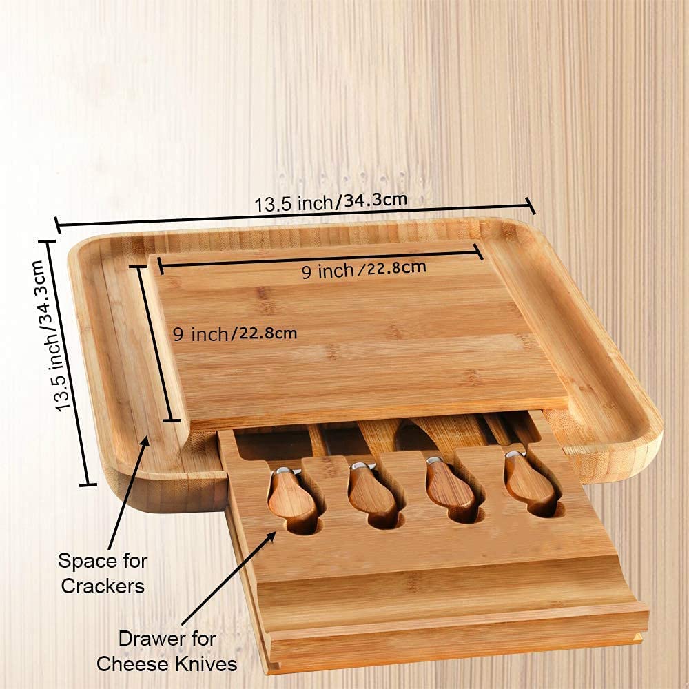 Elegant Bamboo Cheese Serving Set with Hidden Cutlery Drawer and Stainless Steel Utensils