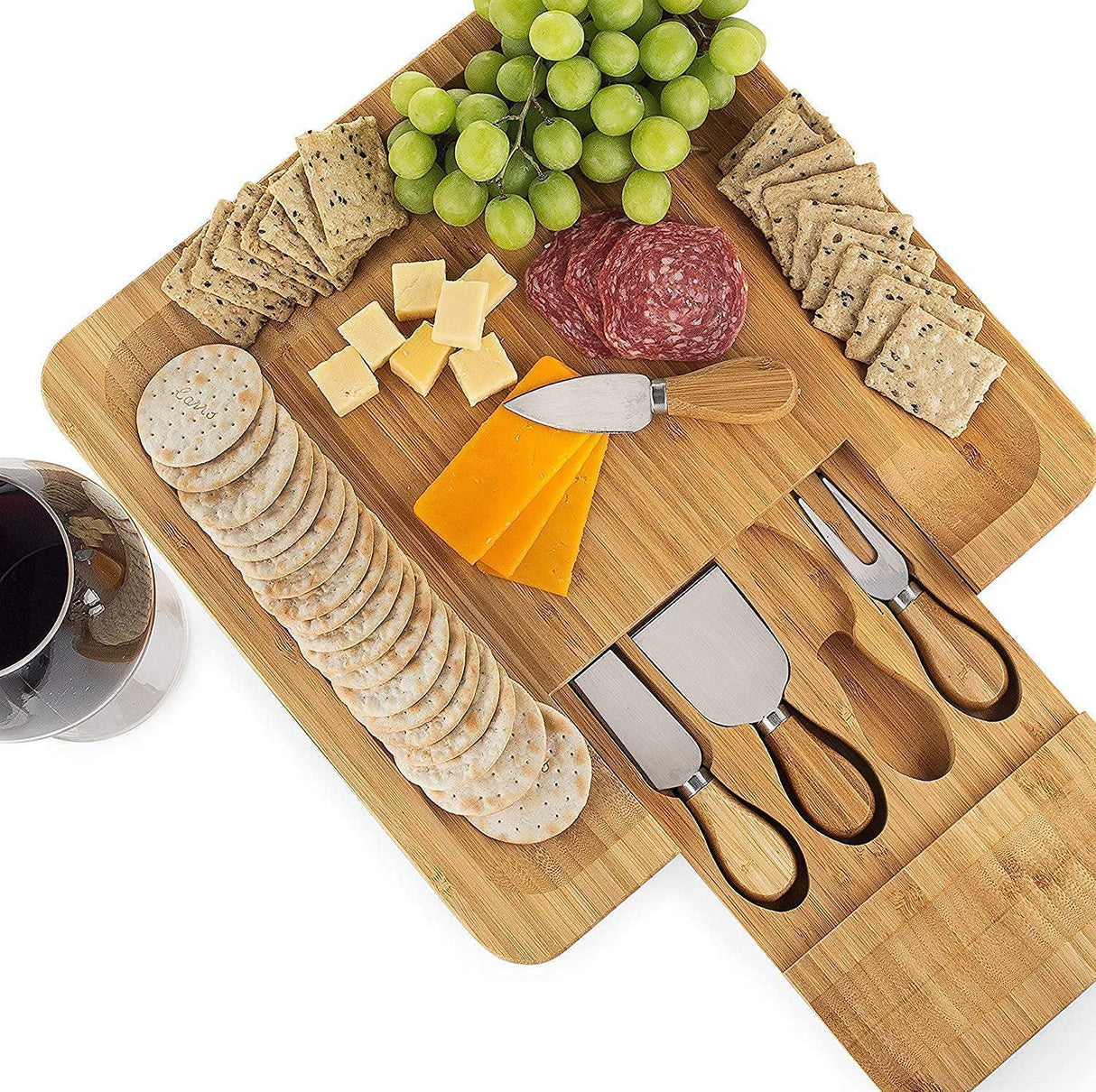 Elegant Bamboo Cheese Serving Set with Hidden Cutlery Drawer and Stainless Steel Utensils
