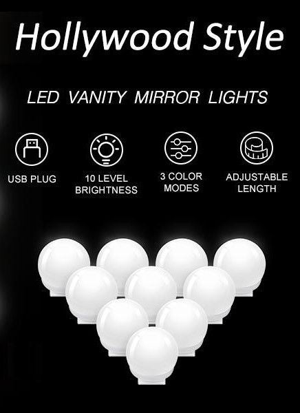 Hollywood Vanity Style LED Makeup Lights Mirror with 3 Color Modes Lights with 10 Dimmable Bulbs (Mi