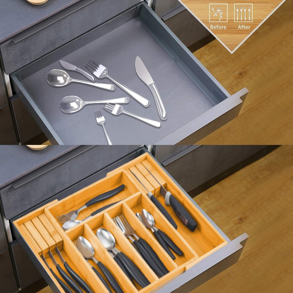 Expandable Bamboo Drawer Organizer with Knife Block for Kitchen and Home Storage
