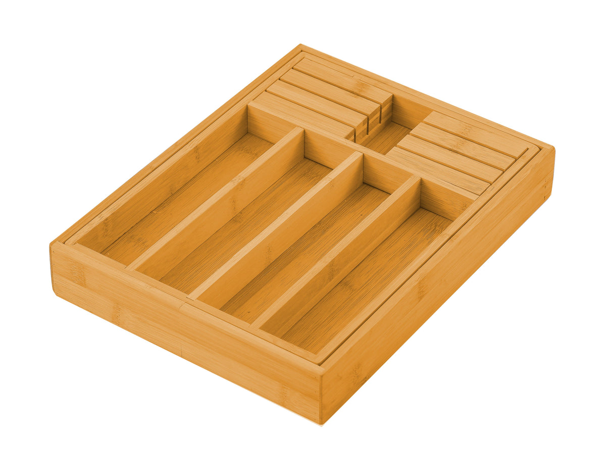 Expandable Bamboo Drawer Organizer with Knife Block for Kitchen and Home Storage