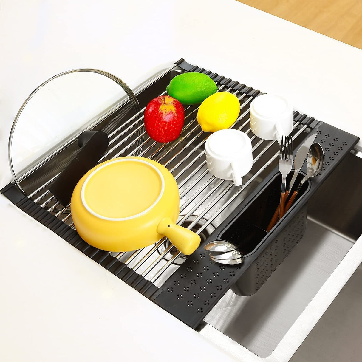 Premium Roll-Up Stainless Steel Dish Drying Rack with Utensil Holder for Kitchen Use
