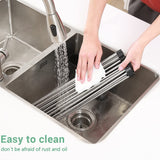 Premium Roll-Up Stainless Steel Dish Drying Rack with Utensil Holder for Kitchen Use - Rear View