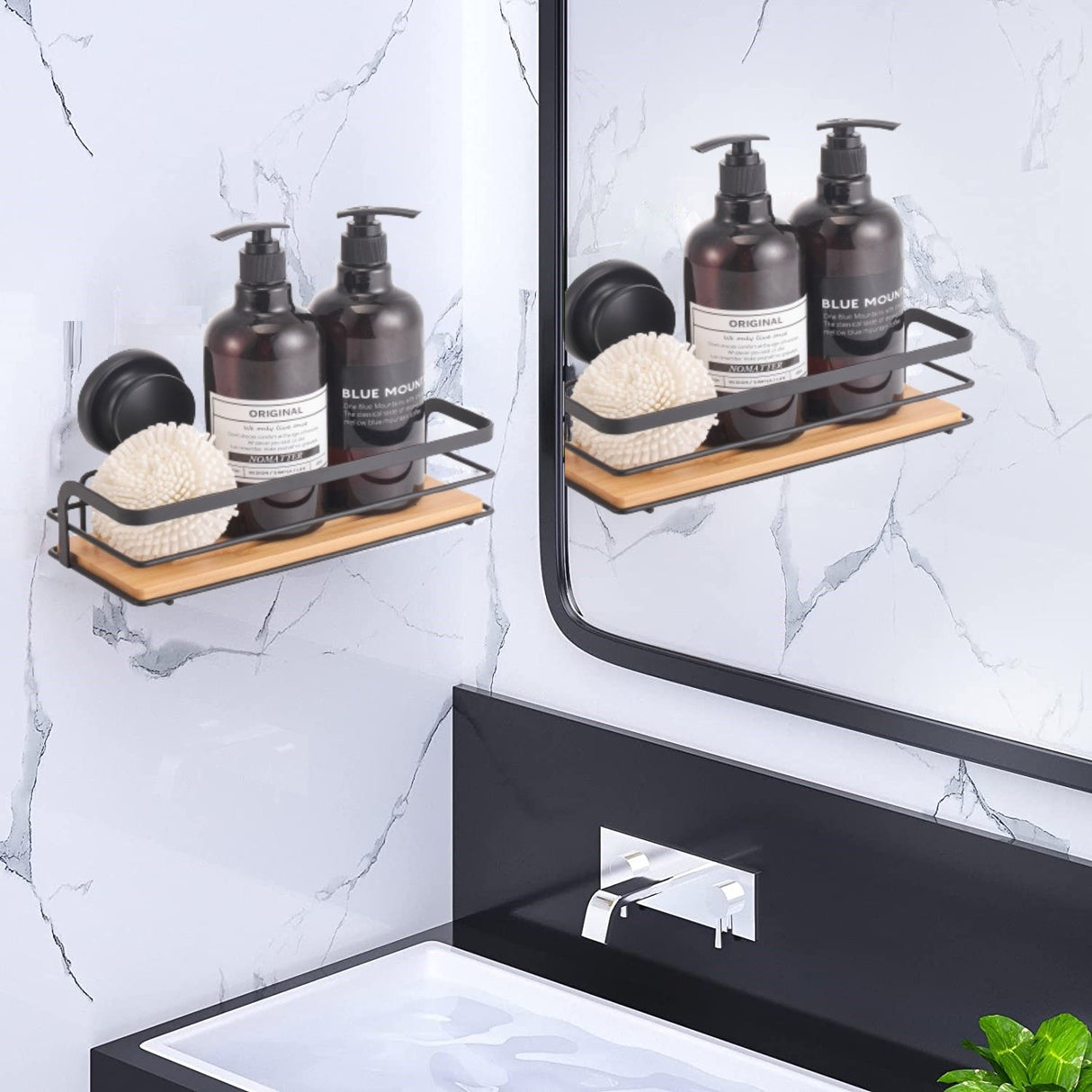 2-Tier Bamboo Corner Shower Caddy with No-Drill Suction Cup - 2 Pack Premium Storage Solution for Bathroom and Kitchen