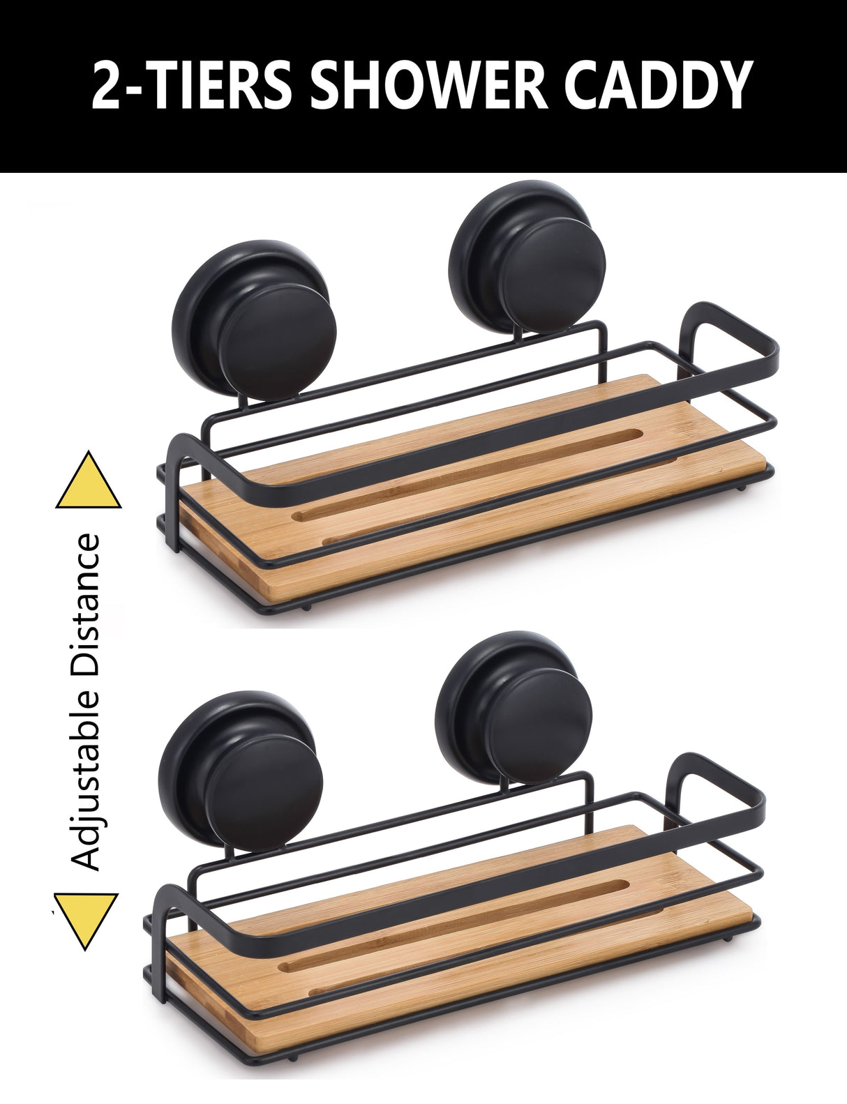 2-Tier Bamboo Corner Shower Caddy with No-Drill Suction Cup - 2 Pack Premium Storage Solution for Bathroom and Kitchen