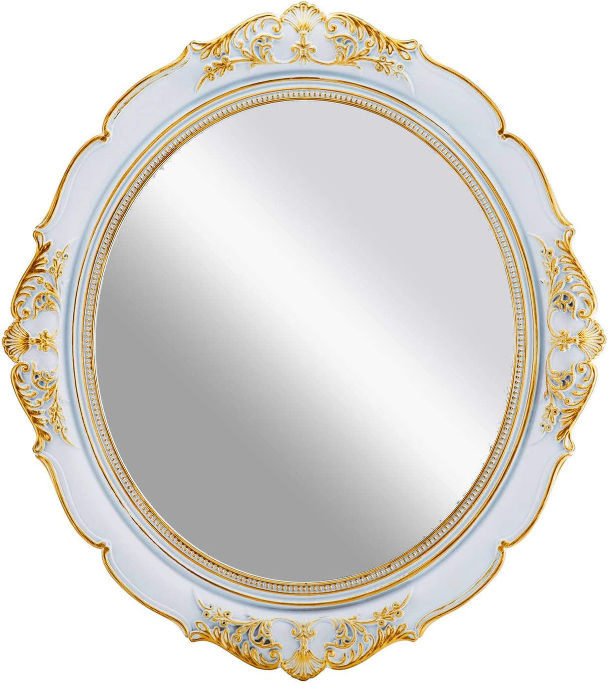 Vintage Oval Wall Mirror with Ornate White Frame for Home Decor (38 x 33 cm)