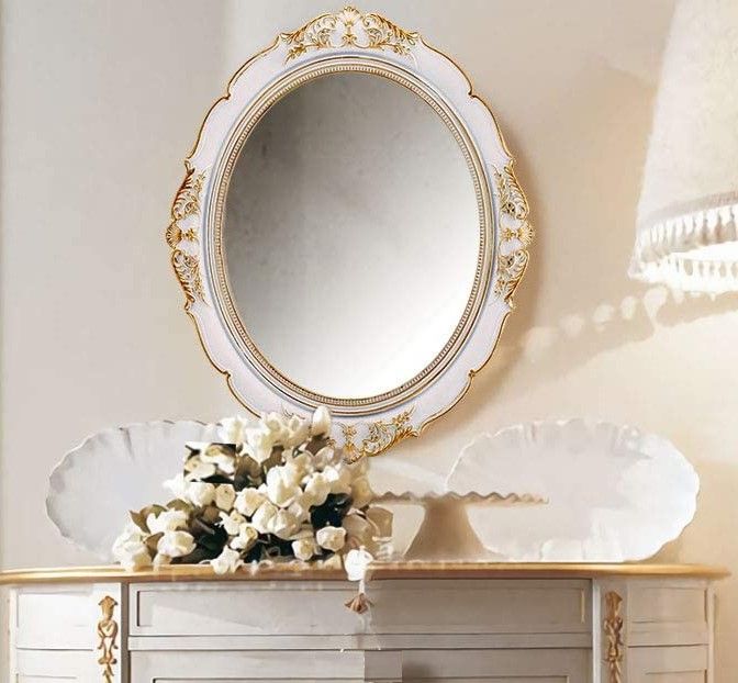 Vintage Oval Wall Mirror with Ornate White Frame for Home Decor (38 x 33 cm)