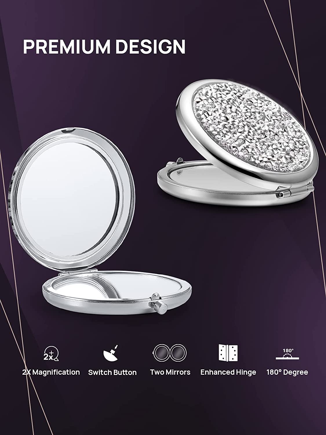 Elegant Sparkle 1X/2X Magnifying Metal Travel Makeup Mirror (Silver)