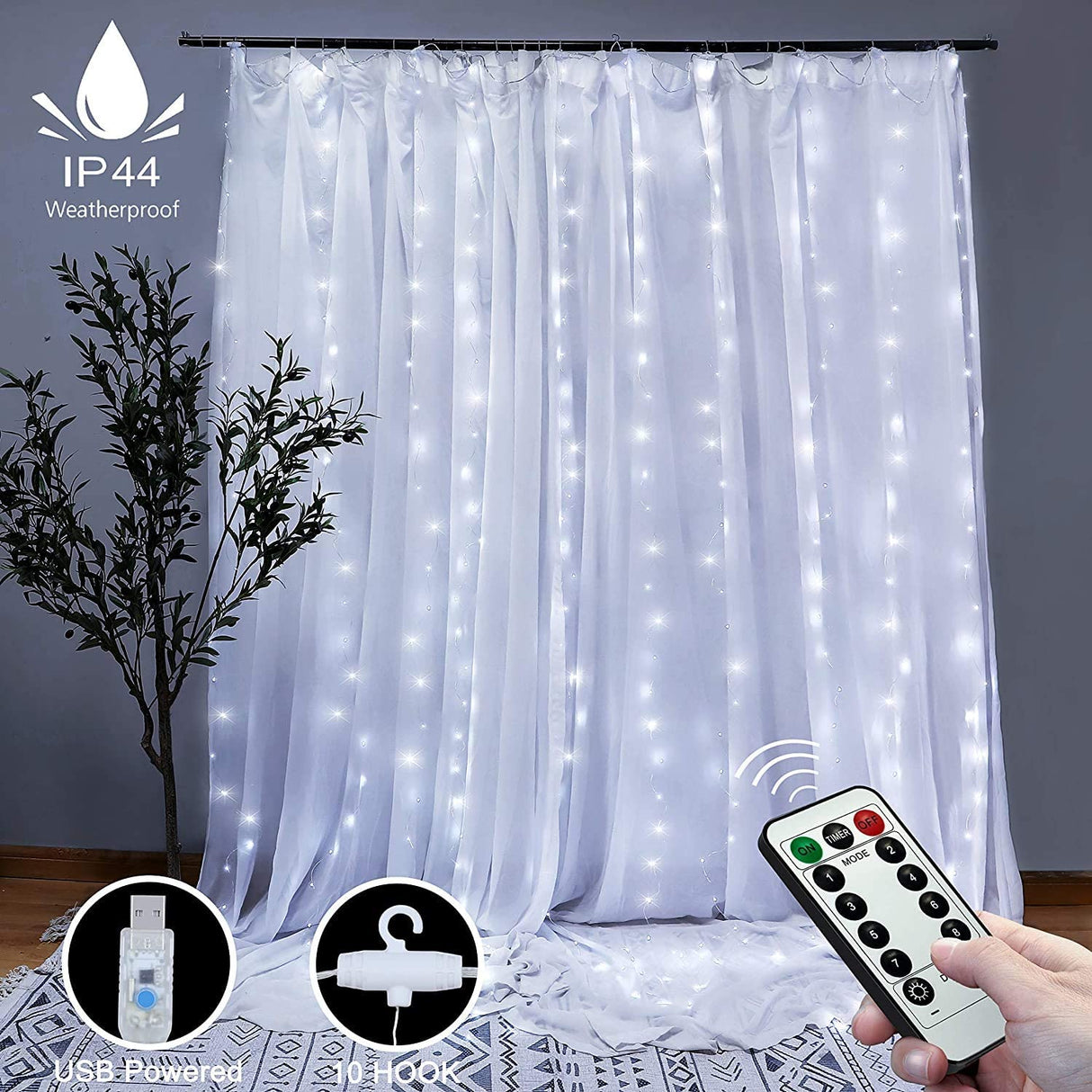 300 LED Cool White Curtain String Lights with Remote & 8 Lighting Modes for Bedroom Decor (3m x 3m)