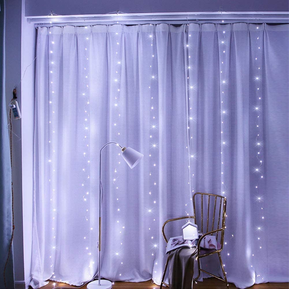 300 LED Cool White Curtain String Lights with Remote & 8 Lighting Modes for Bedroom Decor (3m x 3m)