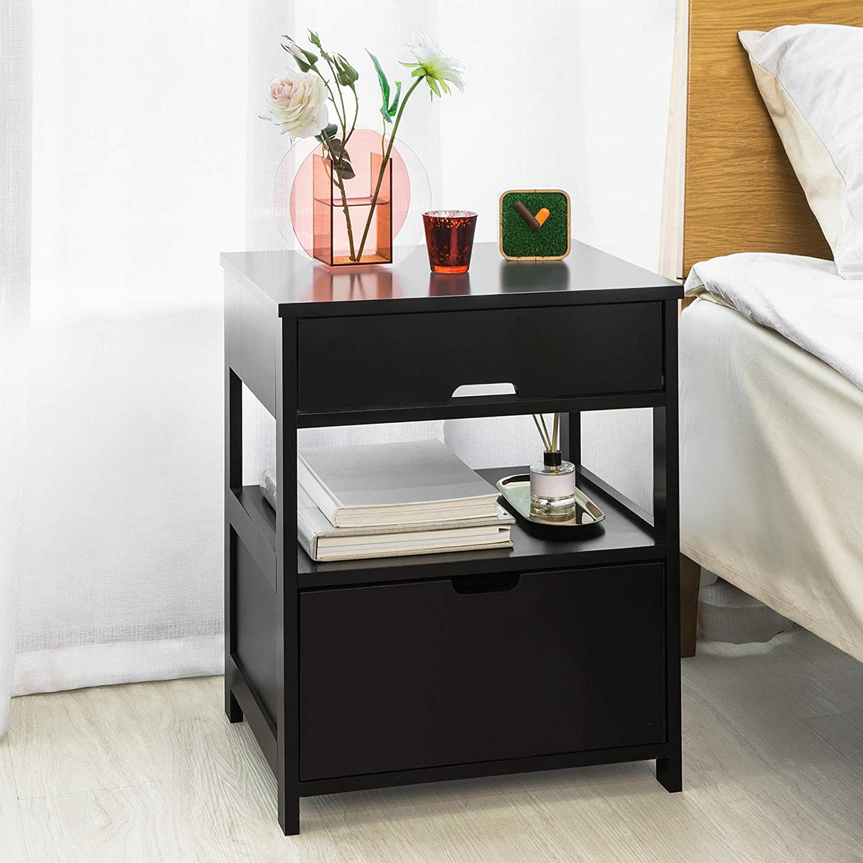 Modern Black Nightstand with Dual Drawers