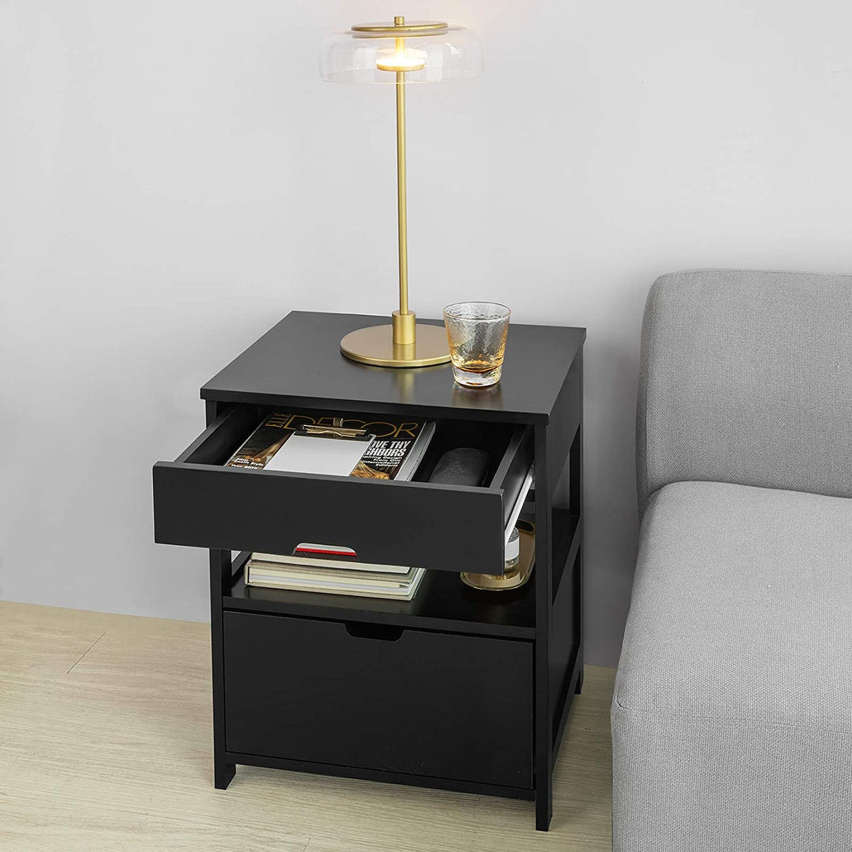 Modern Black Nightstand with Dual Drawers