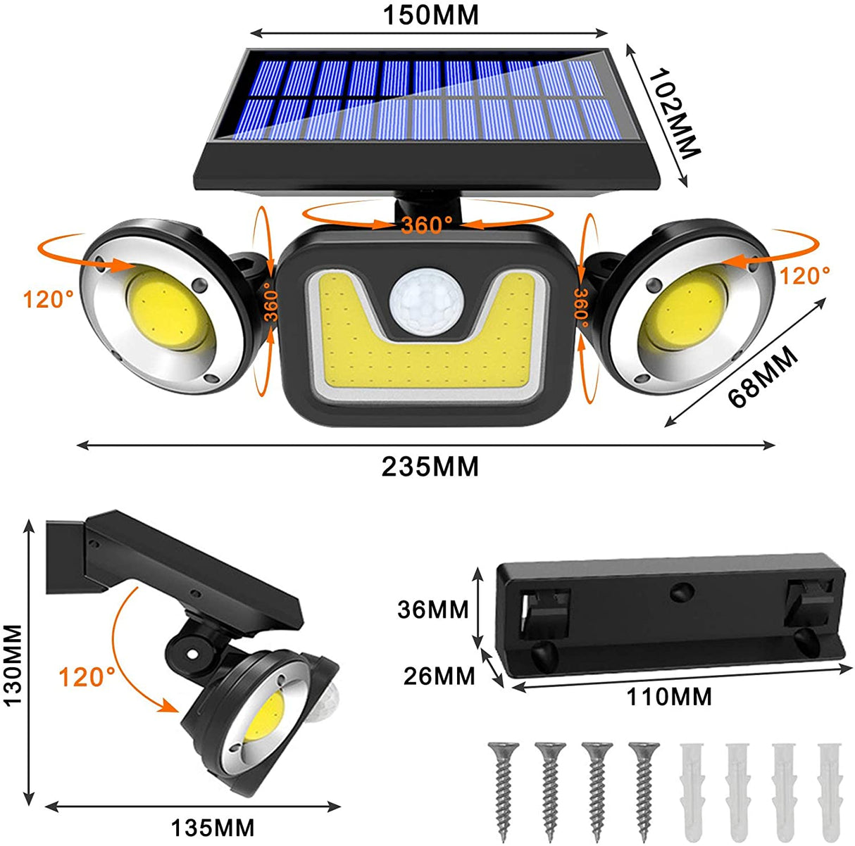 Triple-Head Solar Motion Sensor Lights for Outdoor Porch, Garden, and Patio