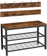 Industrial Design Entryway Shoe Rack with Coat Hooks Organizer (Brown) - Front View